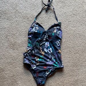 Time and Tru Black Floral Halter One-Piece Swimsuit